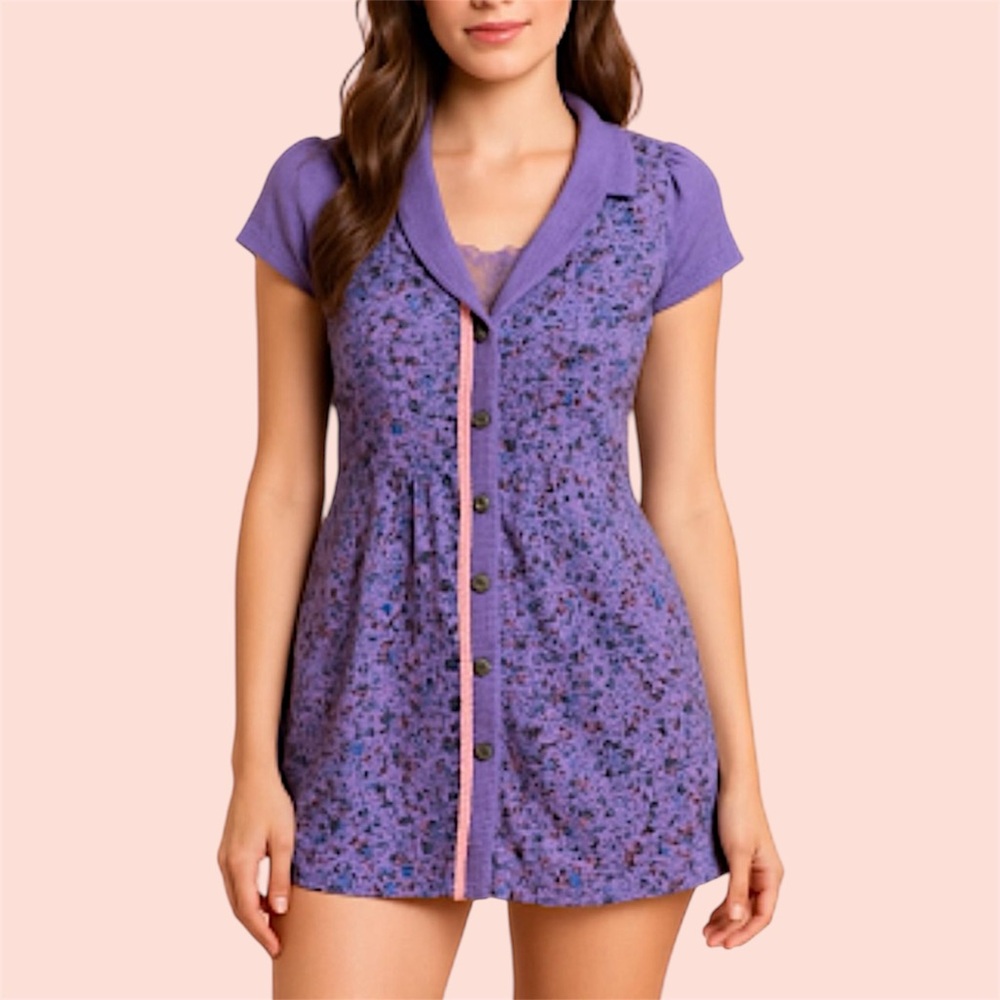 Y2K Free People Floral Button-Up Babydoll Cap-Sleeve Tunic Top w Lace Back